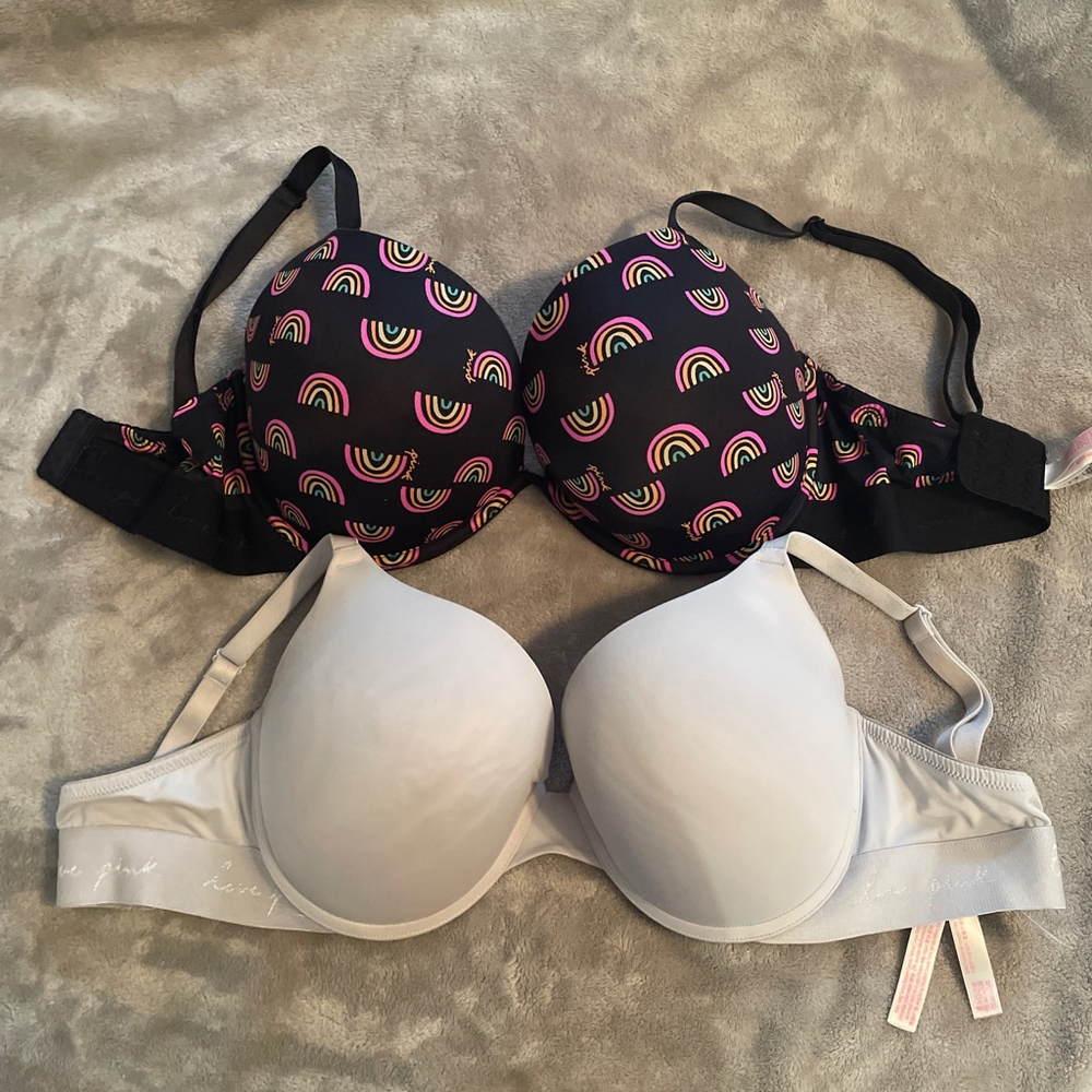 Women's PINK Bras, 36E (DD), Black Rainbow & Light Grey, 2-Pack